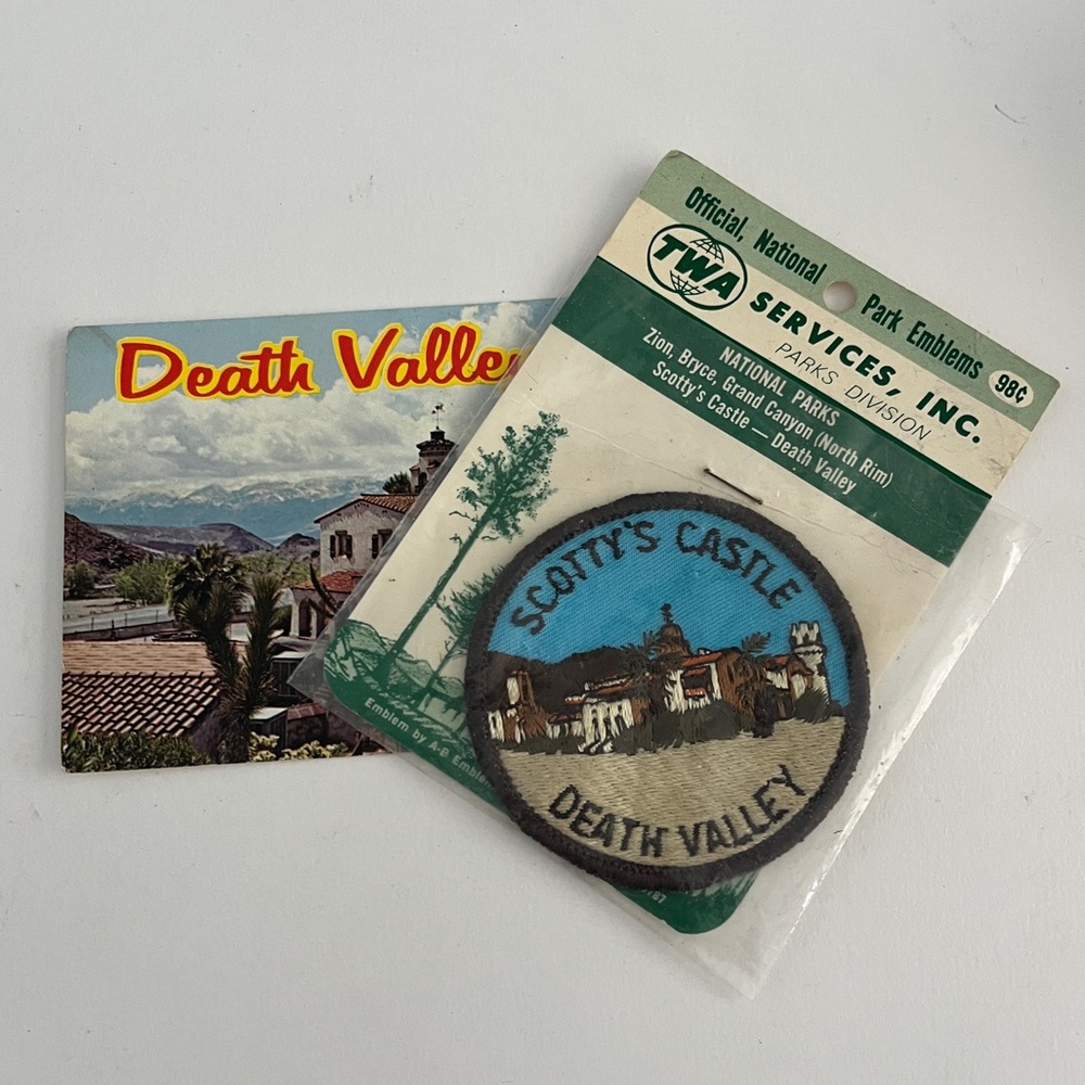 Vintage Scotty's Castle Death valley National Park CA Round Patch and Postcard